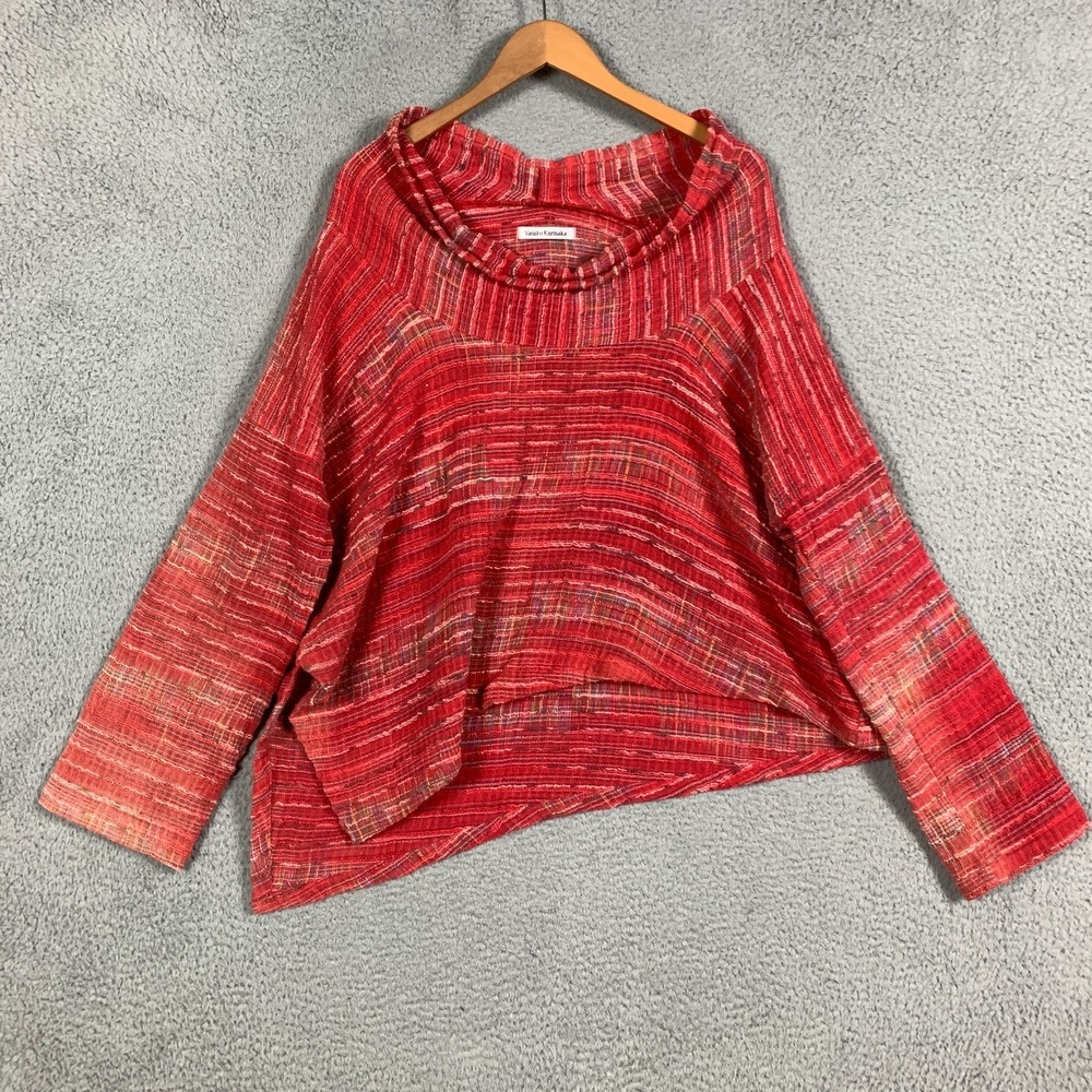 Yasuko Kurisaka Woven Top Women's OS Red Asymmetrical Cowl Neck Lagenlook Cotton